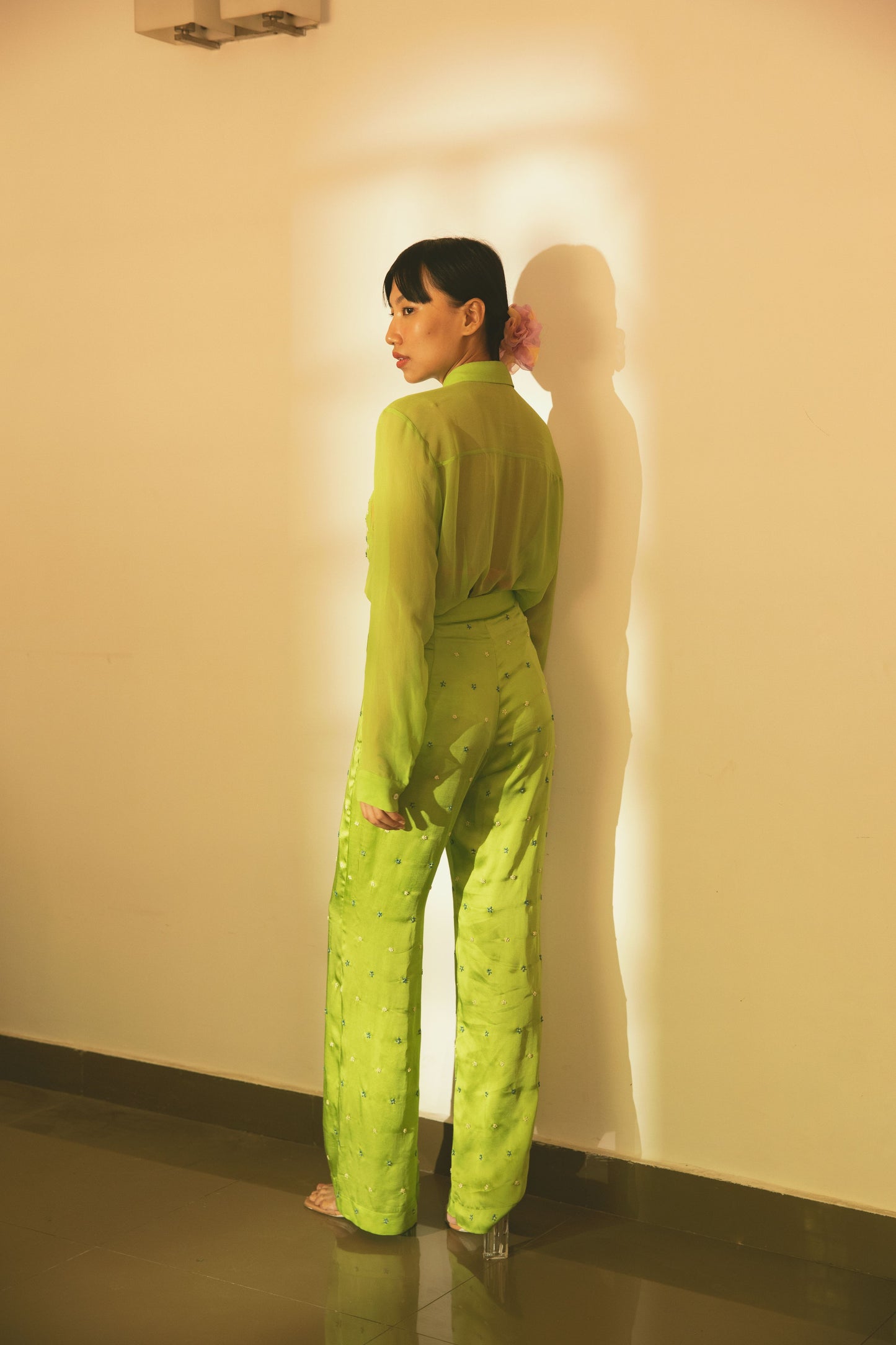 Lime Green High Waist Trousers With Hand Embroidery