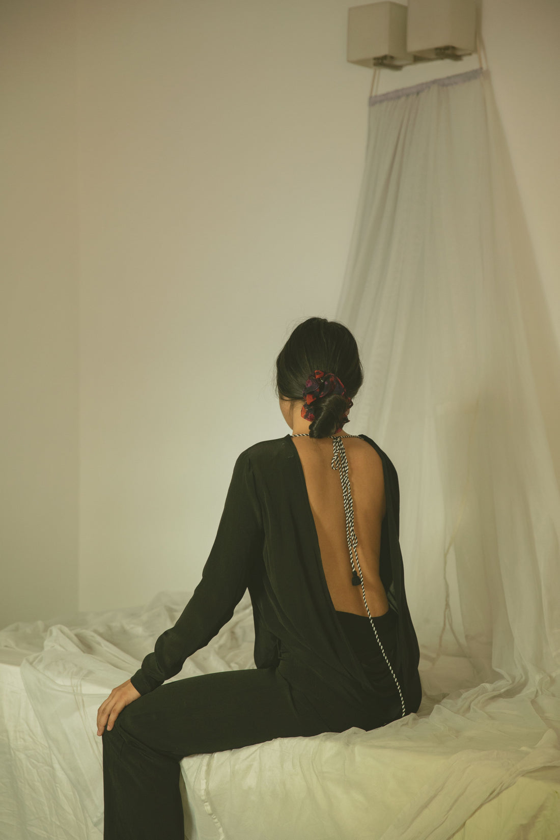 Black Plunge Back Top With Handcrafted Tie-Ups