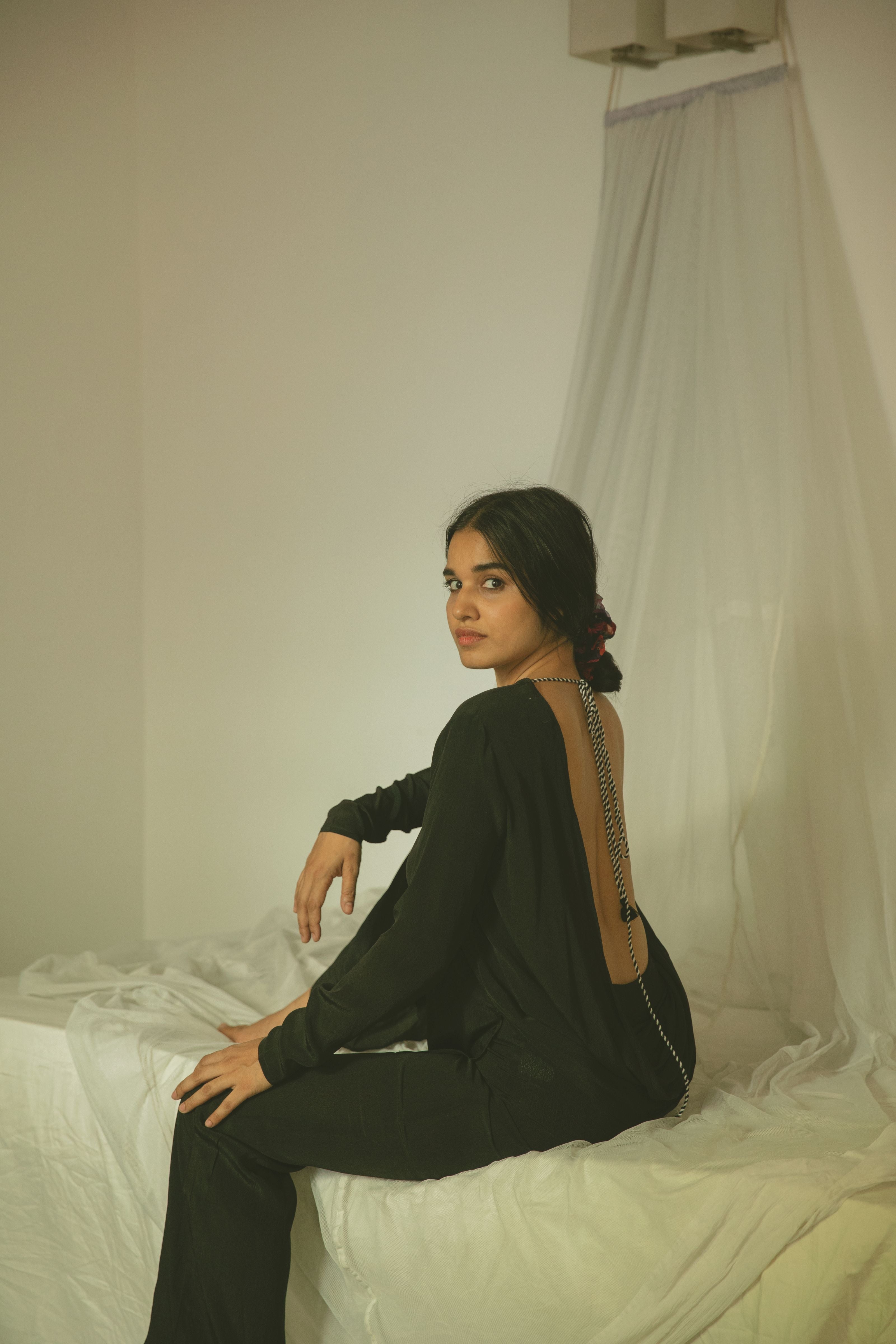 Black Plunge Back Top With Handcrafted Tie-Ups-Resortwear-izsi-IZSI